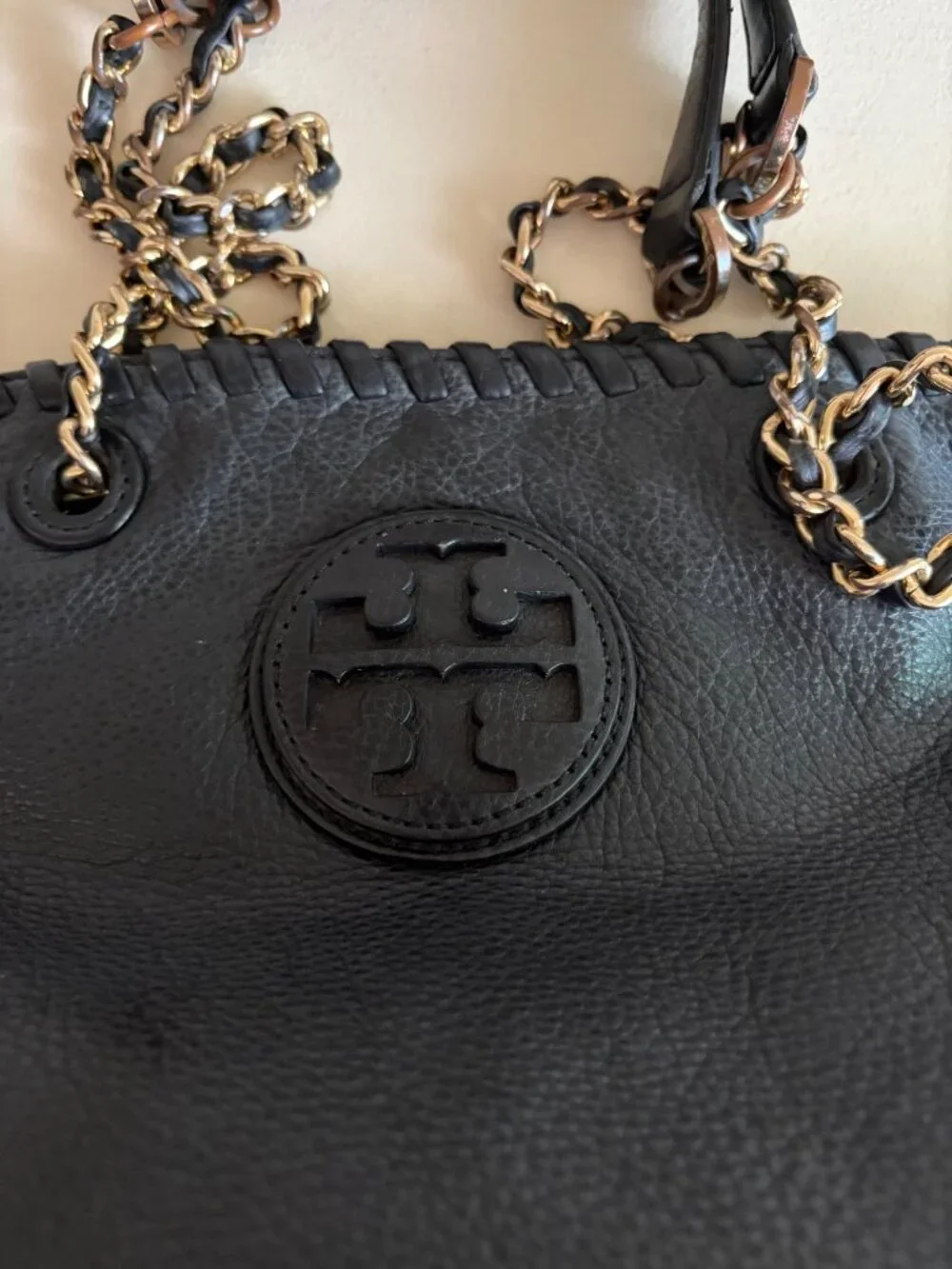 Tory Burch Marion Bag Whipstitch Trim Gold Chain Pebbled Black Shoulder Leather - Picture 13 of 13